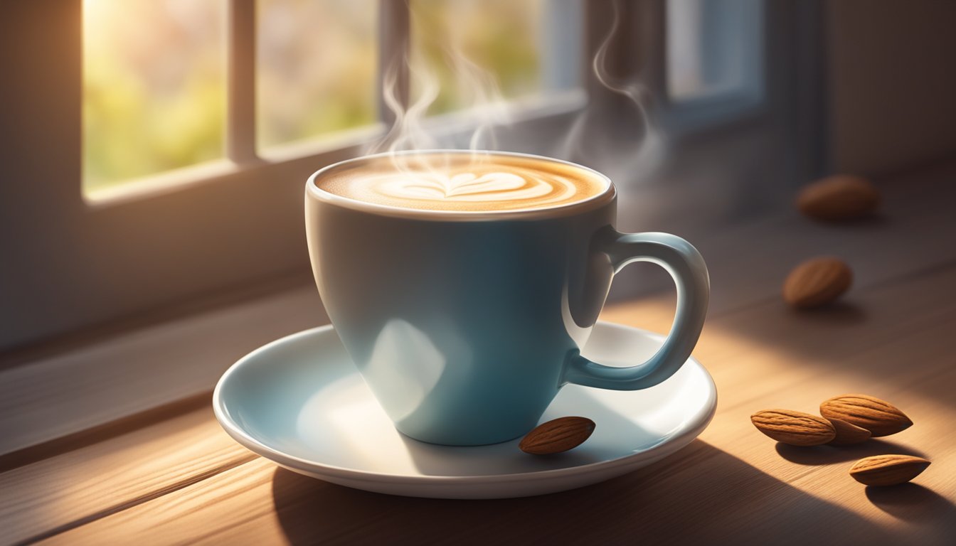 A steaming cup of coffee with a splash of almond milk sits on a wooden table, surrounded by soft morning light filtering through a window