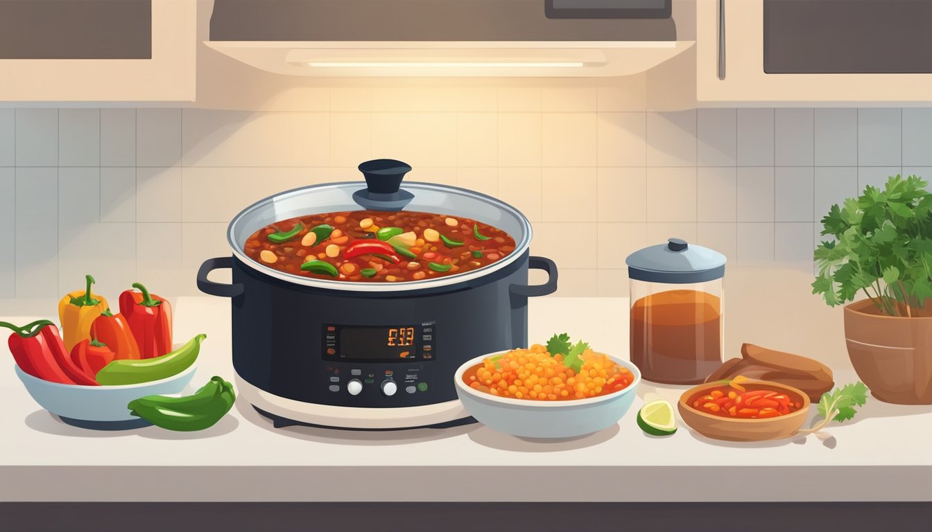 A pot of chili simmers on the stove, with various ingredients like beans, meat, and vegetables. A bowl of chili sits on a table next to a microwave