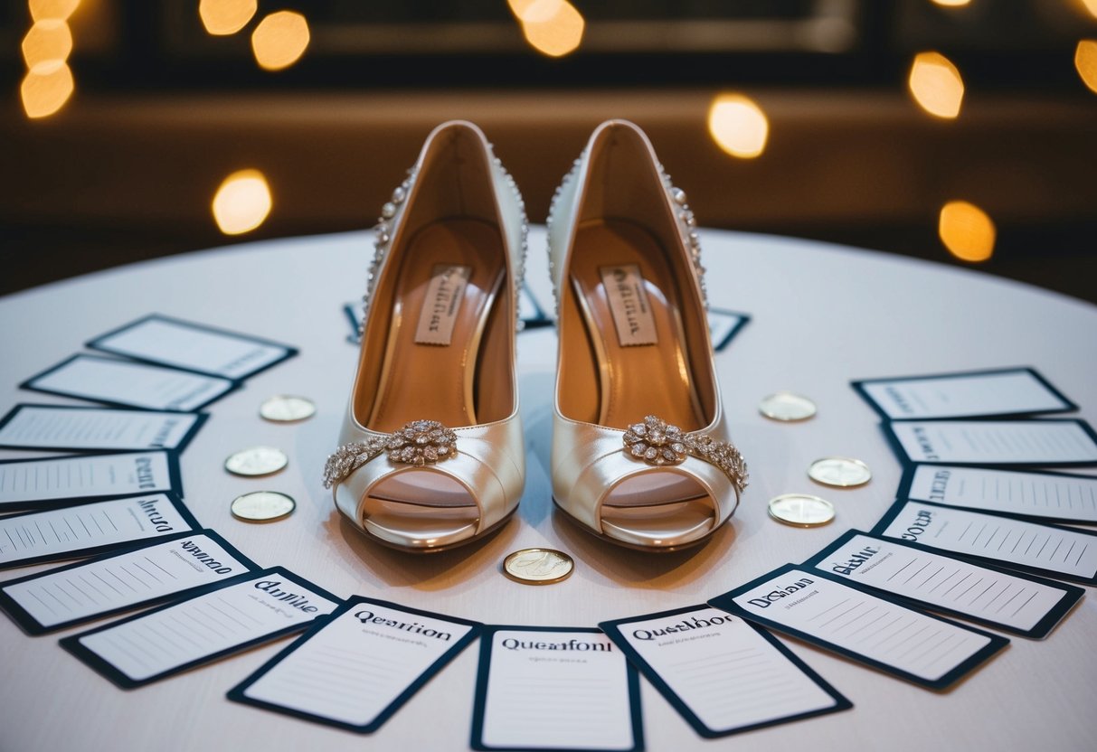 A table with two pairs of wedding shoes, surrounded by question cards