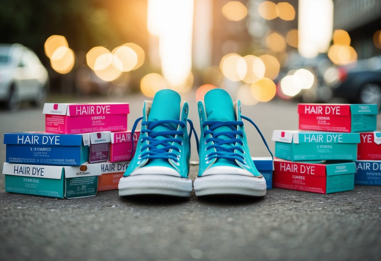 A pair of shoes in the same color as a pile of hair dye boxes