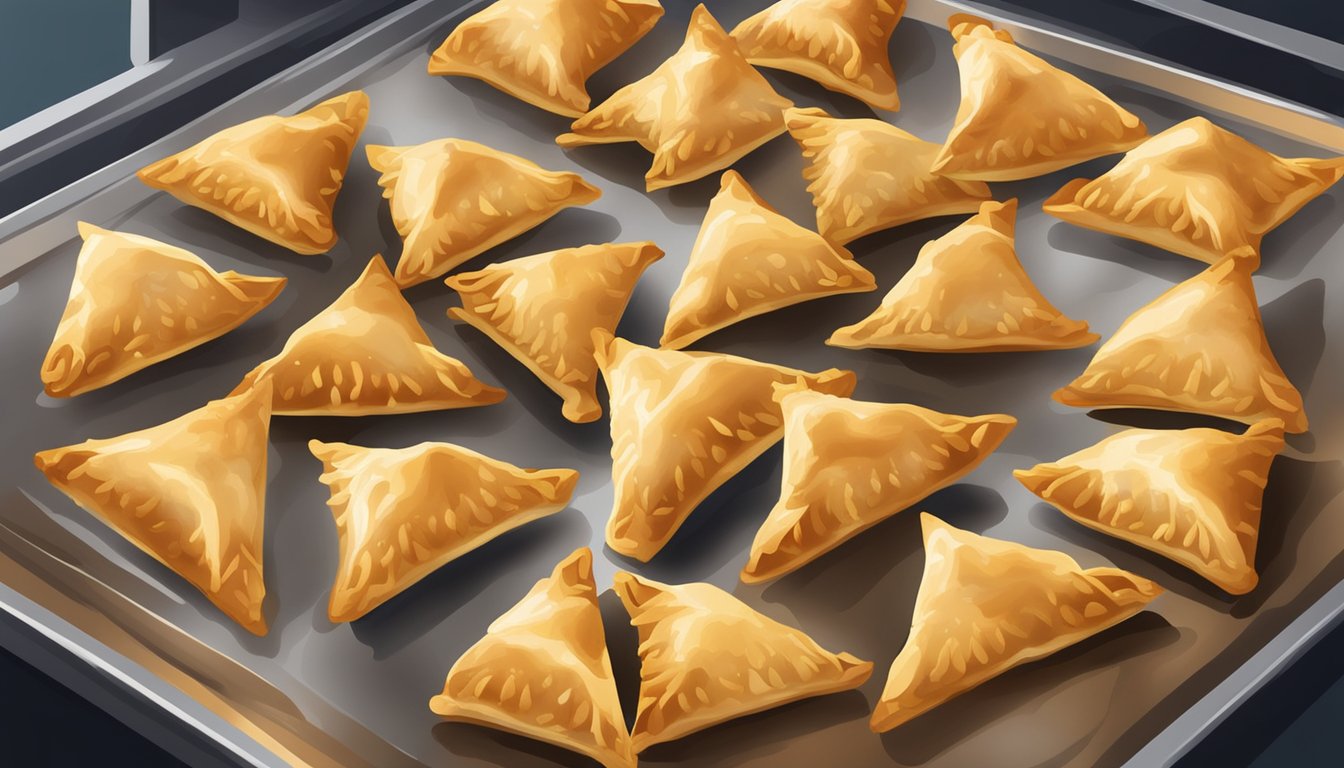 A plate of chicken samosas arranged on a baking sheet, placed in the oven, with steam rising and golden brown crispy edges