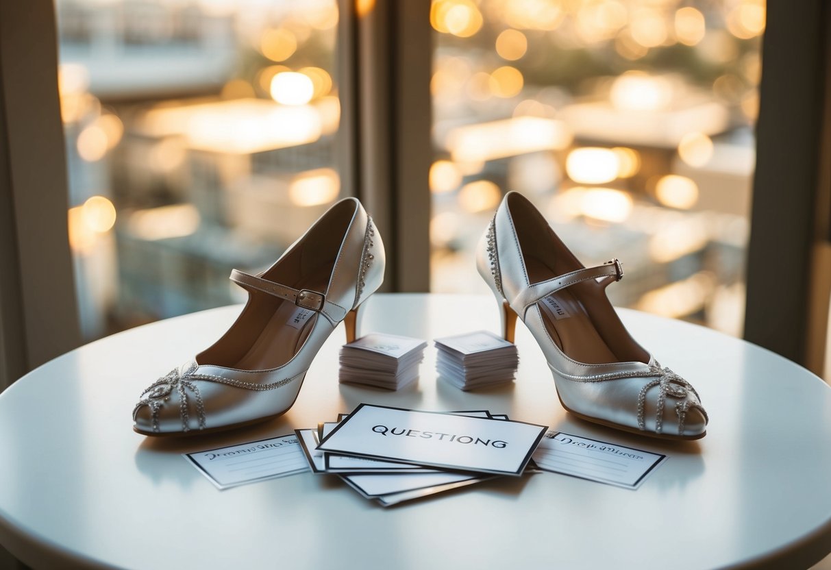 A table with two pairs of wedding shoes, surrounded by a stack of question cards