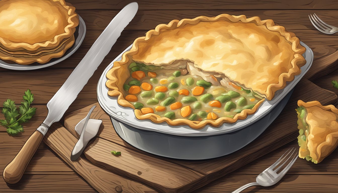 A steaming chicken pot pie sits on a rustic wooden table next to a fork and knife. Steam rises from the golden crust as it is being cut into