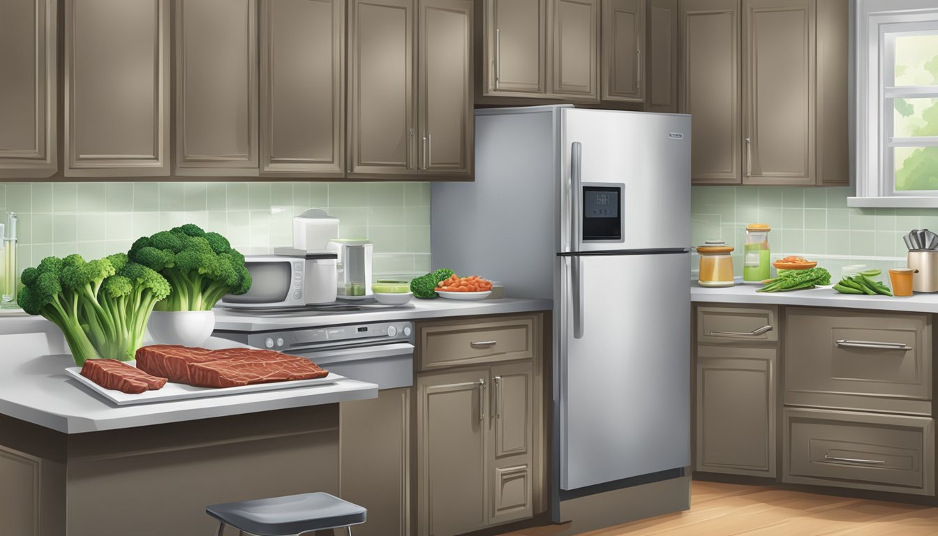 A kitchen counter with a container of Chinese beef and broccoli, a microwave, and a refrigerator