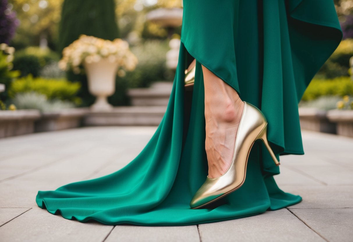 A woman's gold shoes paired with a flowing emerald green dress, set against a backdrop of a luxurious garden