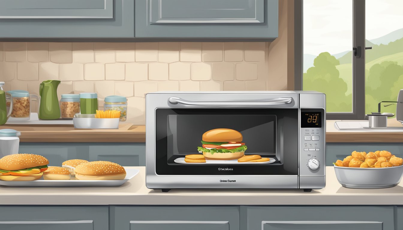 A microwave with a plate of chicken sliders inside, a toaster oven, and a stovetop skillet with a spatula