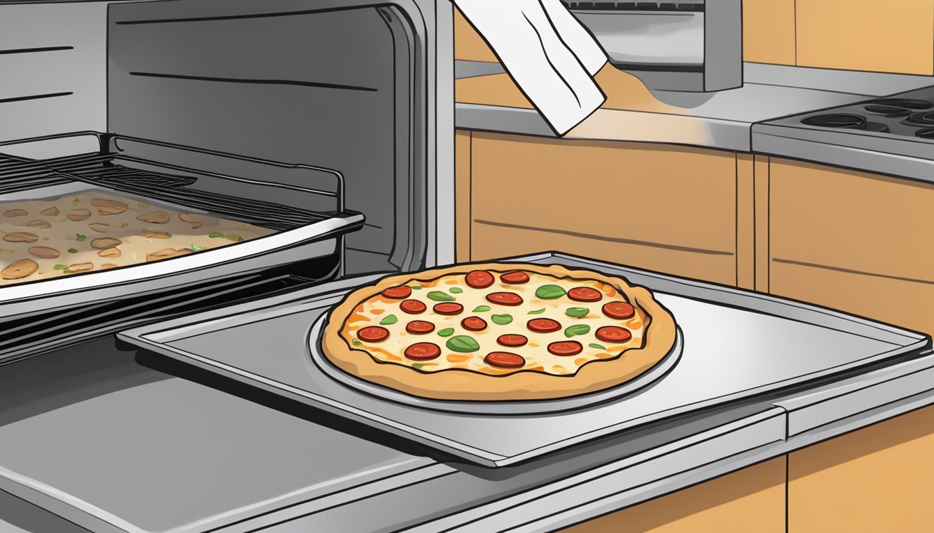 A slice of chicken ranch pizza being placed on a baking sheet in a preheated oven