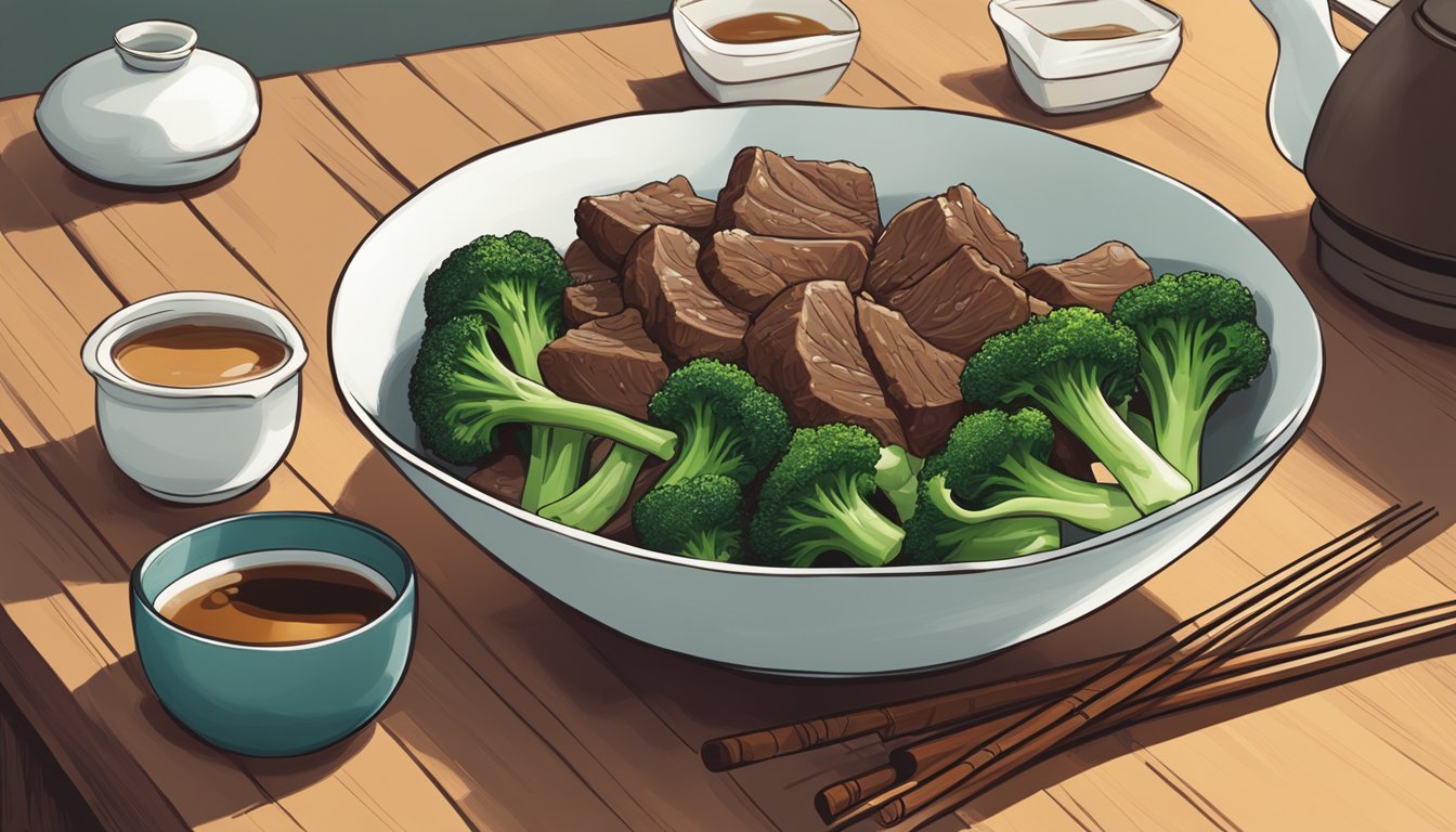 A steaming bowl of reheated Chinese beef and broccoli sits next to a pair of chopsticks on a wooden table. A pot of hot tea and a small dish of soy sauce complete the scene