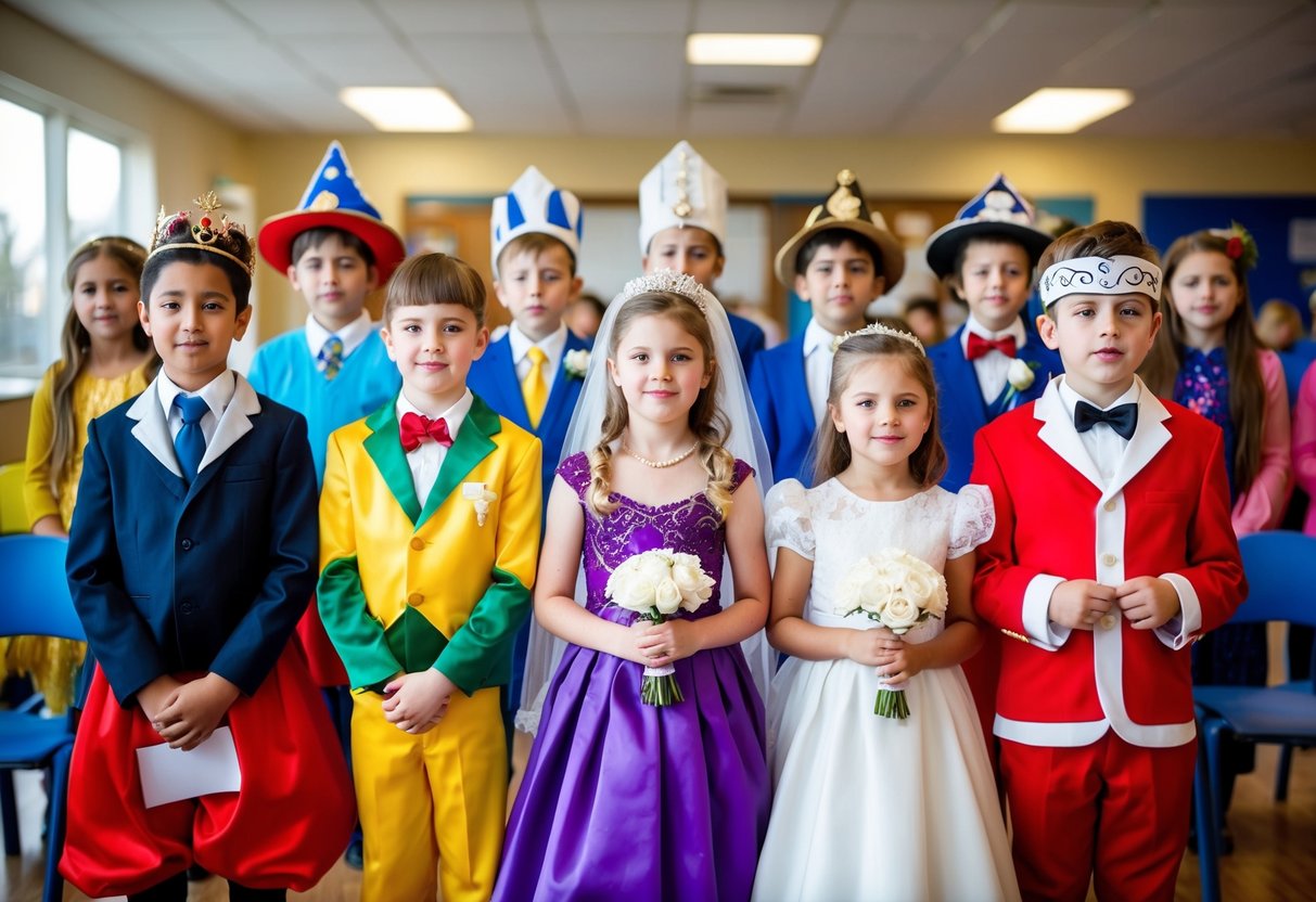 A group of children dressed in fancy costumes and holding a mock wedding ceremony in a school or community setting