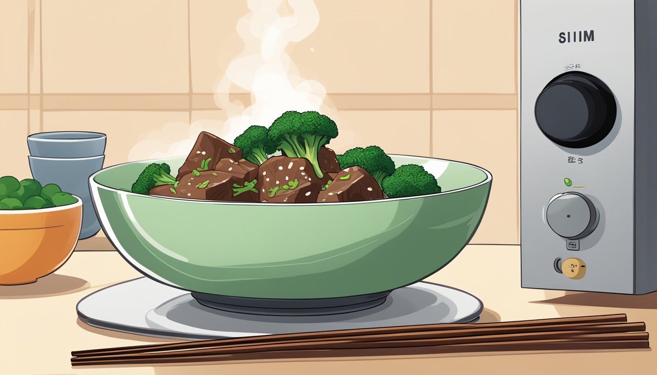 A steaming bowl of Chinese beef and broccoli being heated in a microwave, with chopsticks nearby