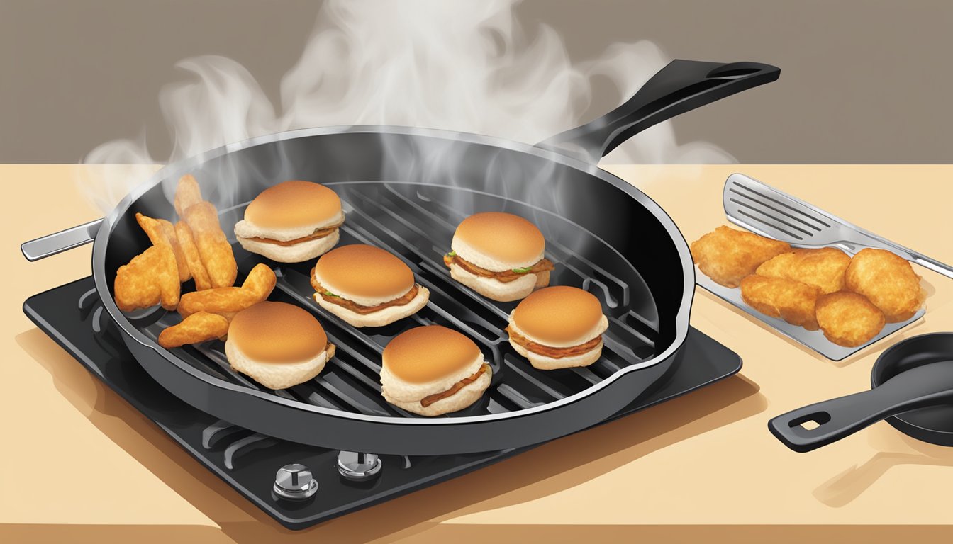 A stovetop with a skillet, spatula, and chicken sliders sizzling over the flame