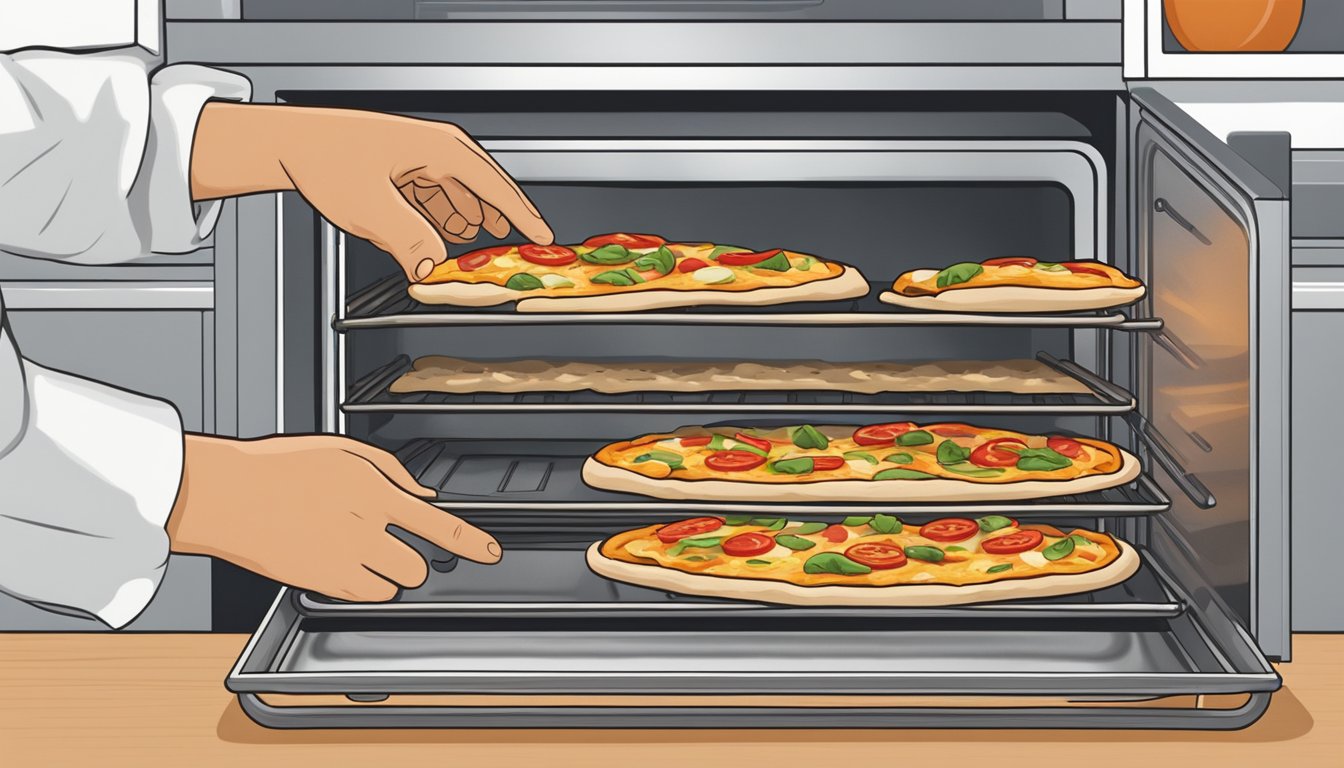 A person reheating chicken ranch pizza in the oven, using a baking sheet and oven mitt