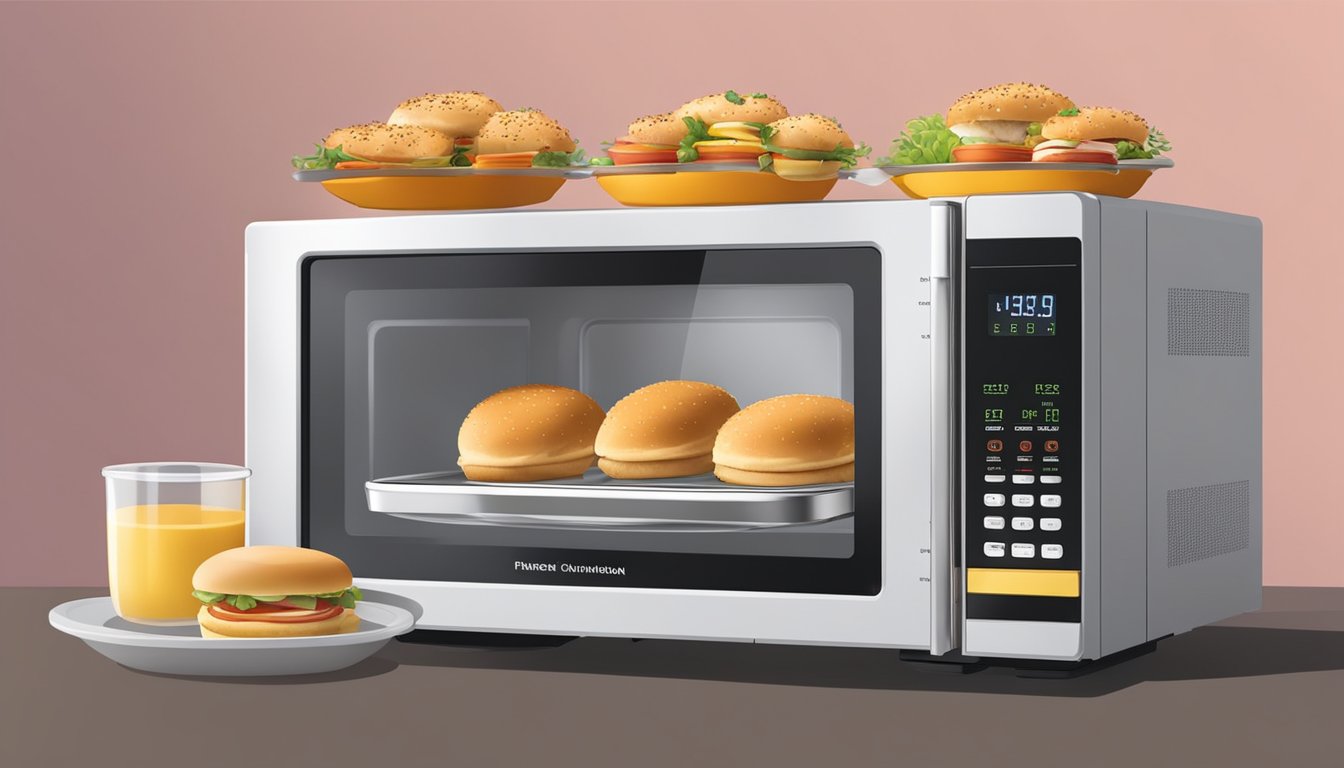 A microwave with chicken sliders inside, a digital timer set, and a safety cover on top