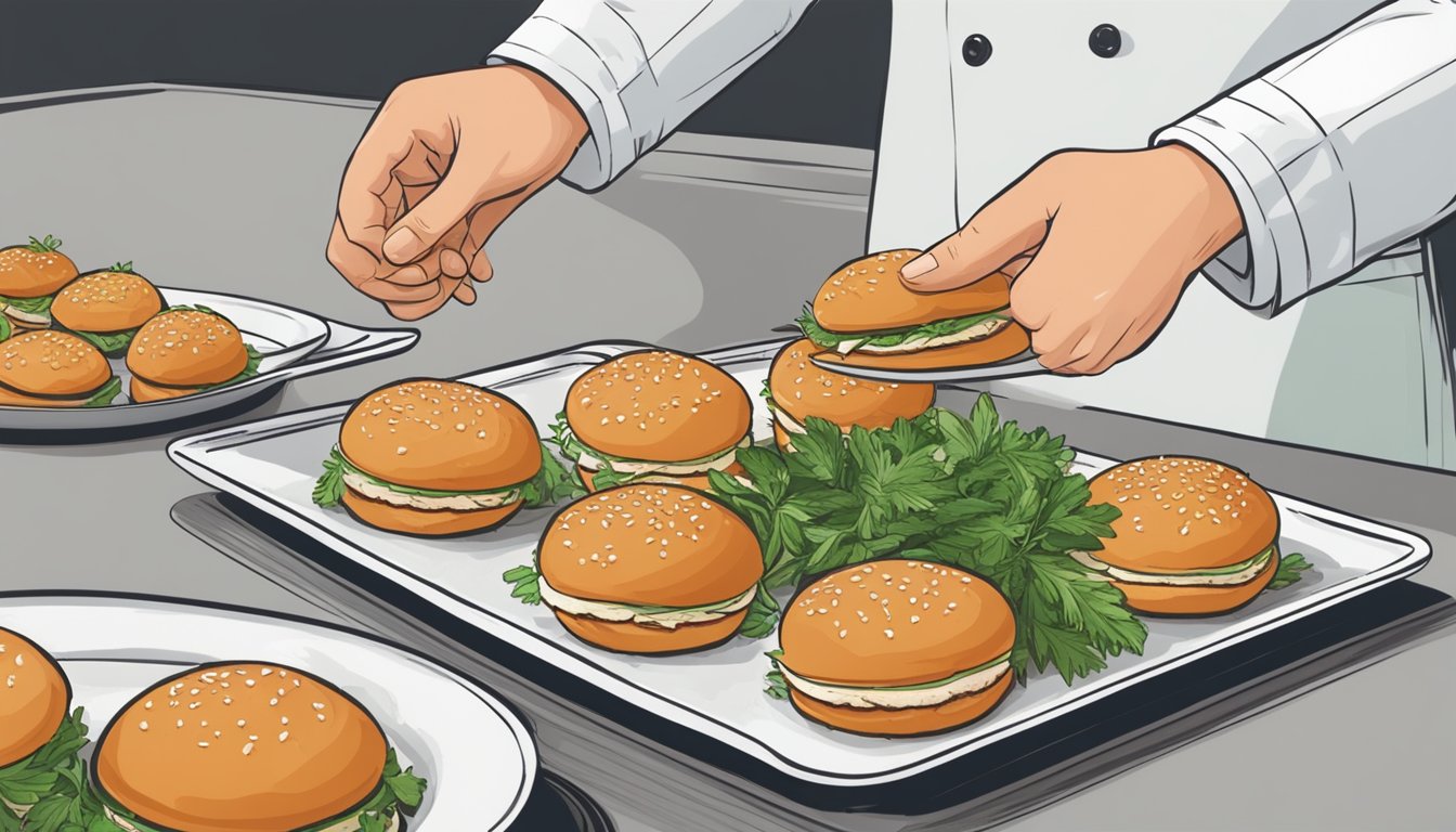 A hand placing reheated chicken sliders onto a serving platter with a garnish of fresh herbs, ready for presentation