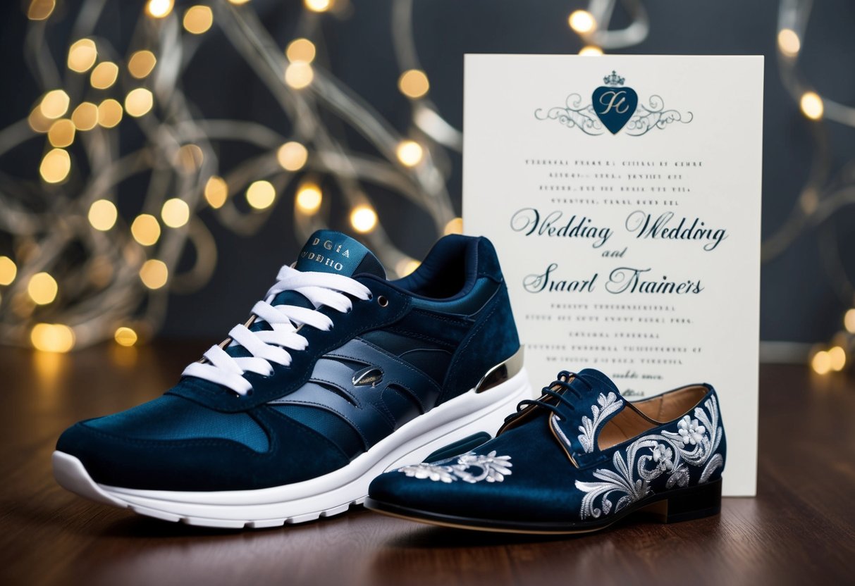 A pair of elegant smart trainers placed next to a traditional wedding shoe, with a formal invitation in the background