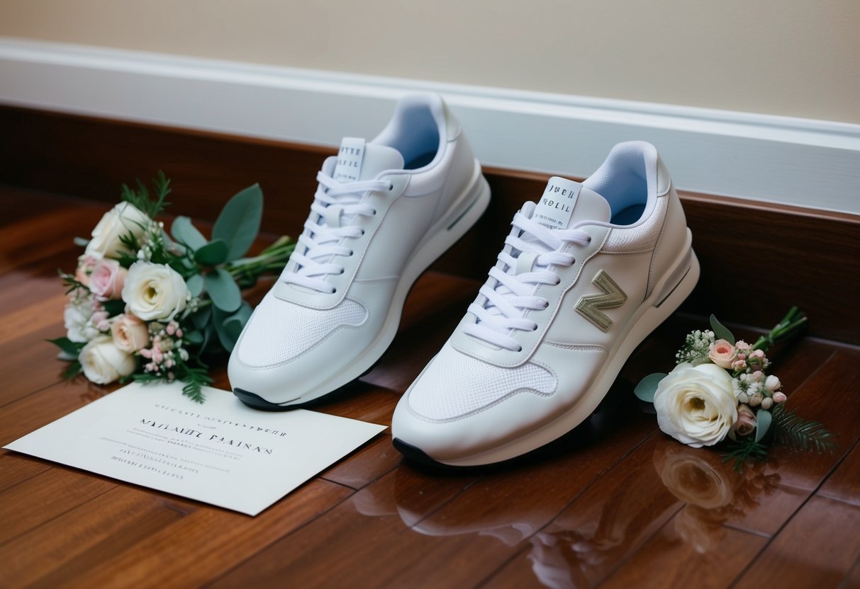A pair of sleek, white smart trainers positioned next to a delicate bouquet of flowers and a wedding invitation on a polished wooden floor