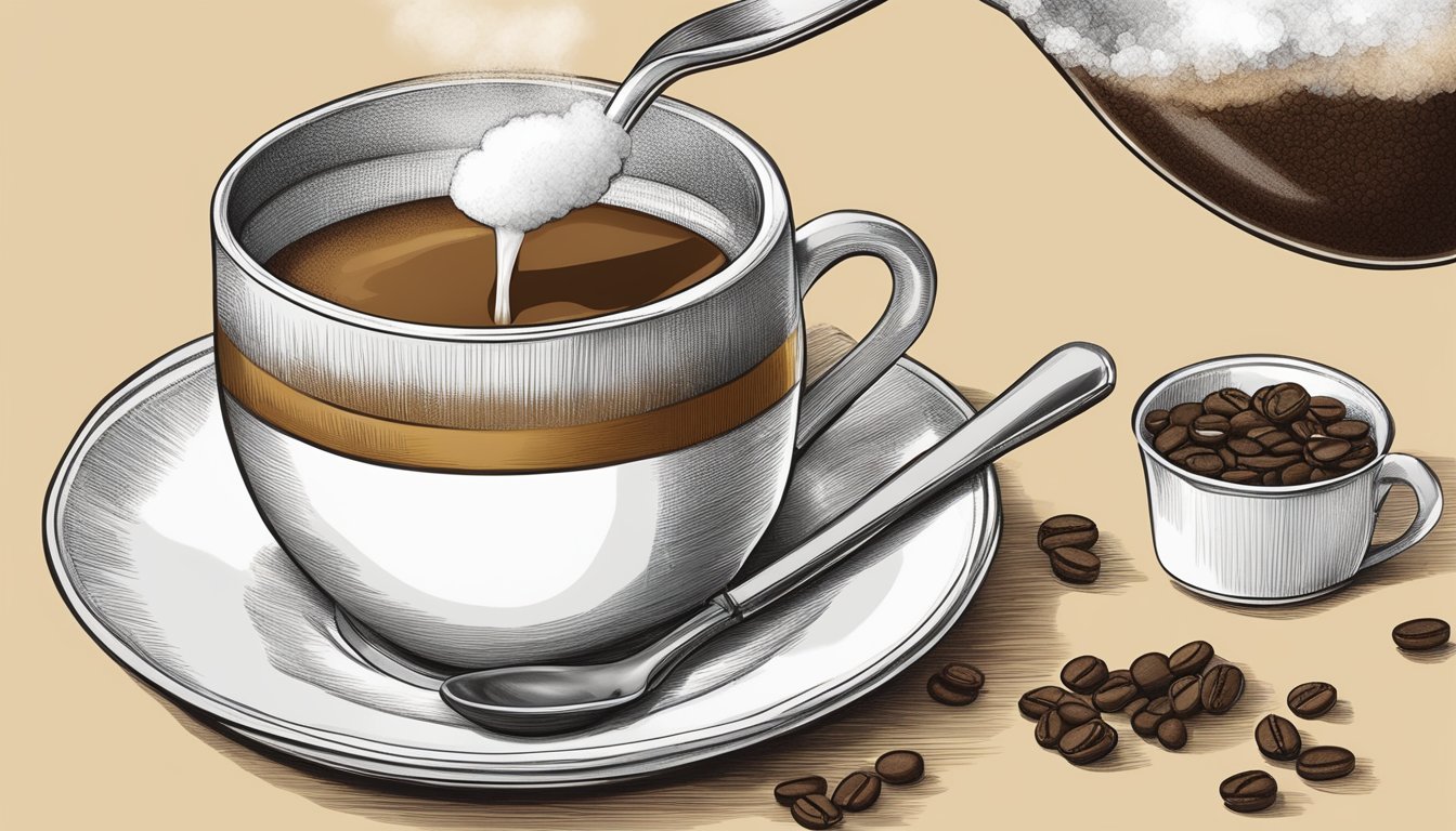 A steaming cup of coffee with a spoonful of sugar being added