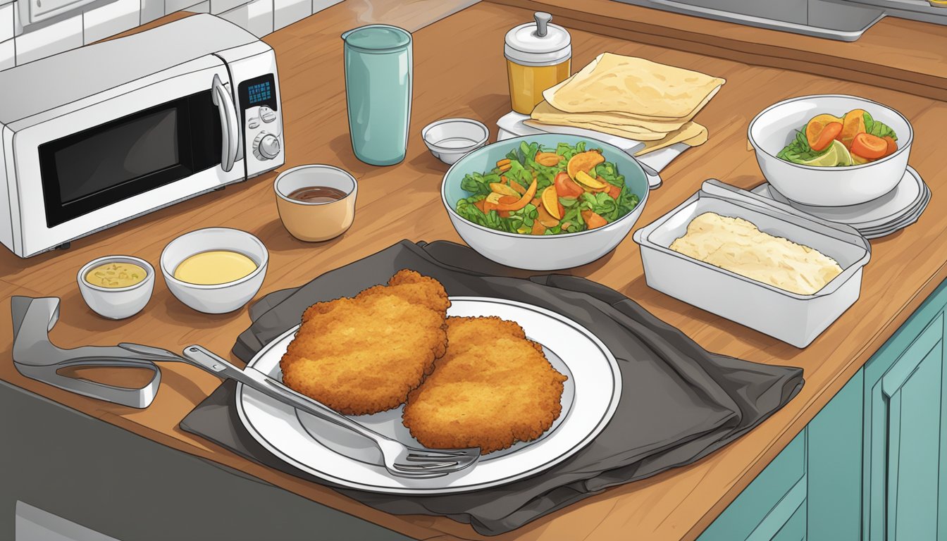 A kitchen counter with a plate of chicken schnitzel, a microwave, a paper towel, and a pair of tongs