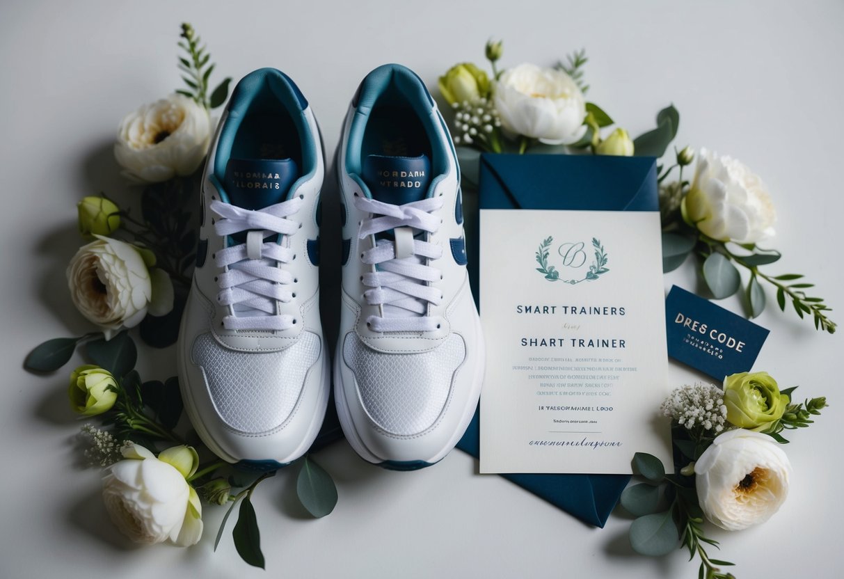 A pair of smart trainers placed next to a formal wedding invitation and a dress code card, surrounded by elegant floral decorations