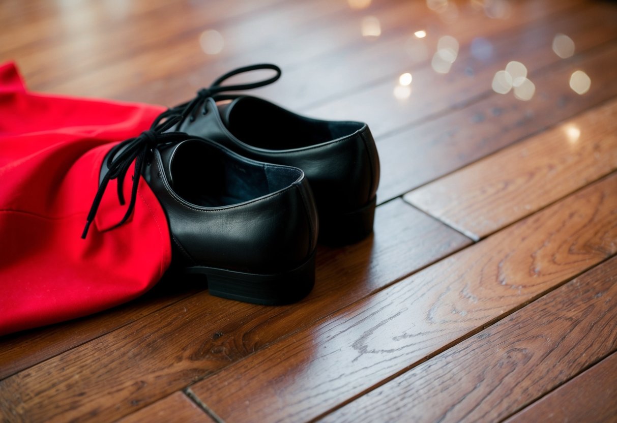 A red dress with black shoes placed next to each other on a wooden floor