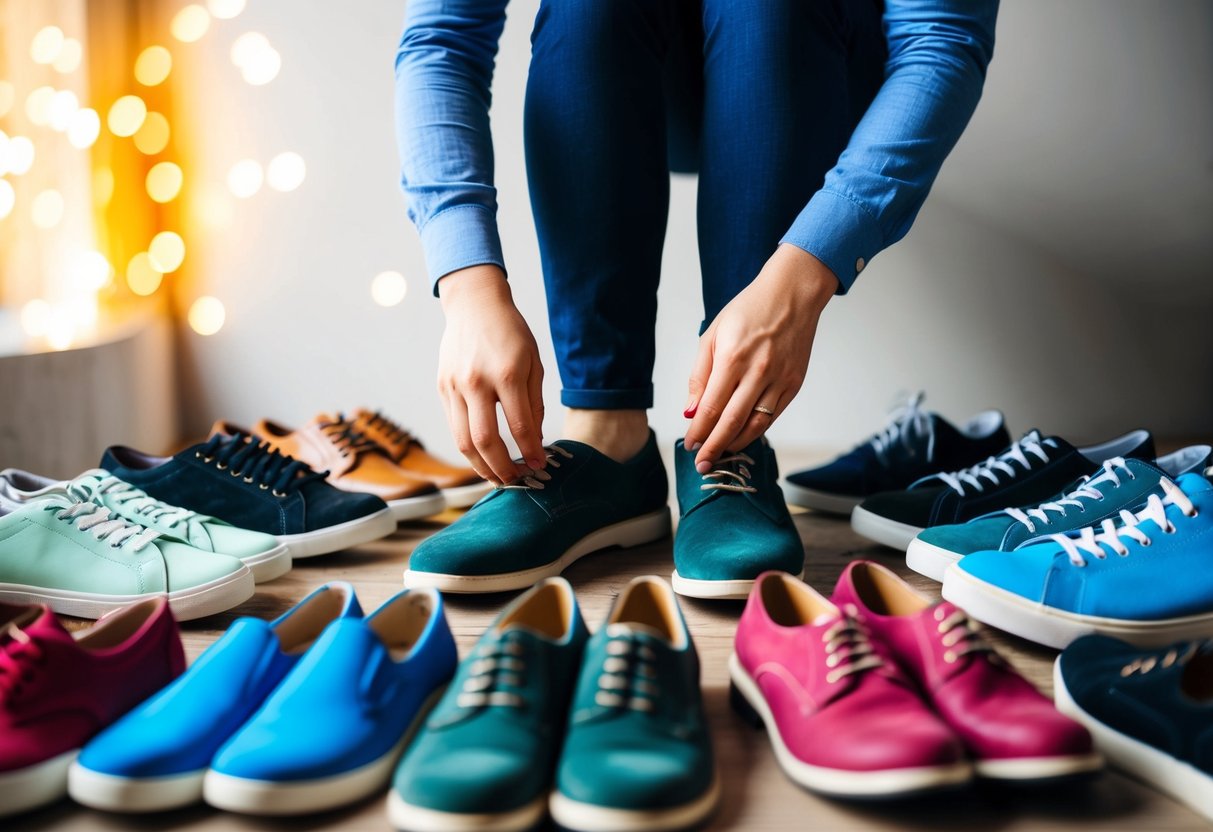 A person trying on various shoes, checking for comfort and fit, while surrounded by a variety of colorful footwear options