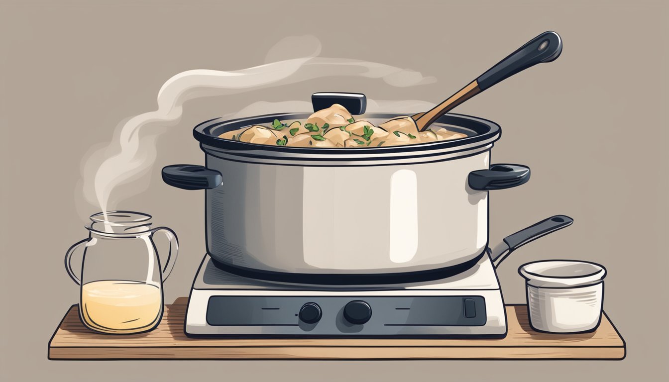 A pot of chicken stroganoff on a stovetop, steam rising, with a wooden spoon stirring the creamy sauce. A timer sits nearby