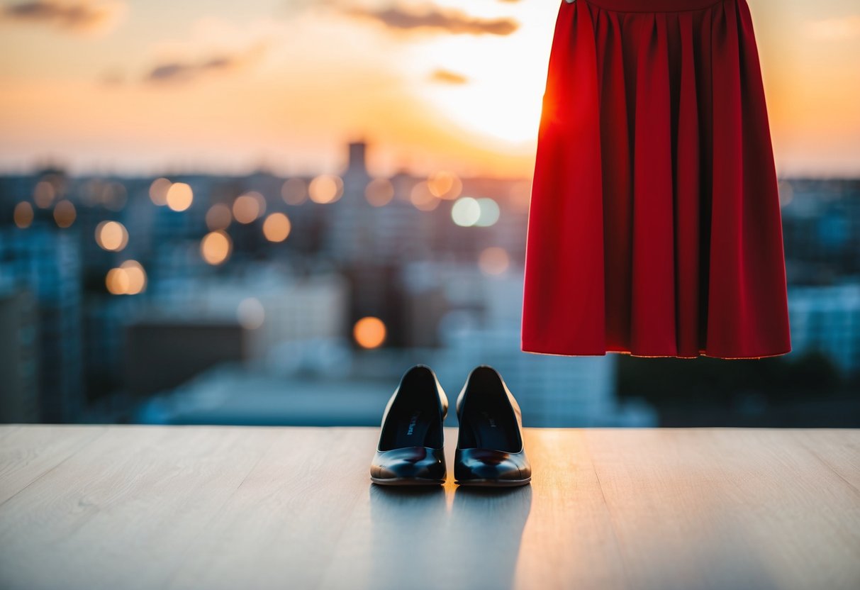 A red dress hanging on a hanger with a pair of black shoes placed next to it