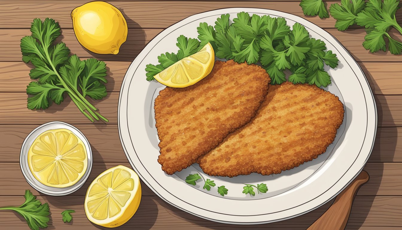 A plate of reheated chicken schnitzel with a side of lemon wedges and a garnish of fresh parsley, placed on a wooden cutting board