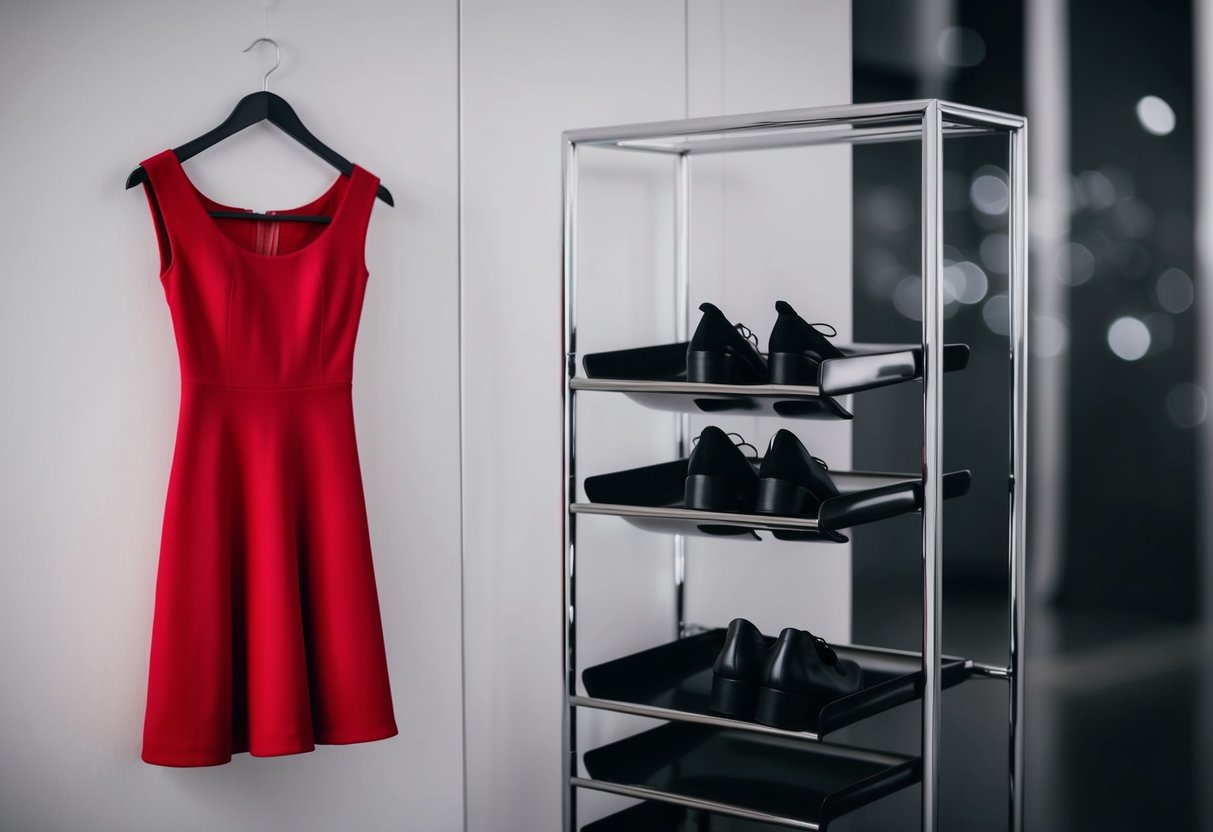A red dress hangs on a hanger next to a pair of black shoes, both displayed on a sleek, modern shoe rack