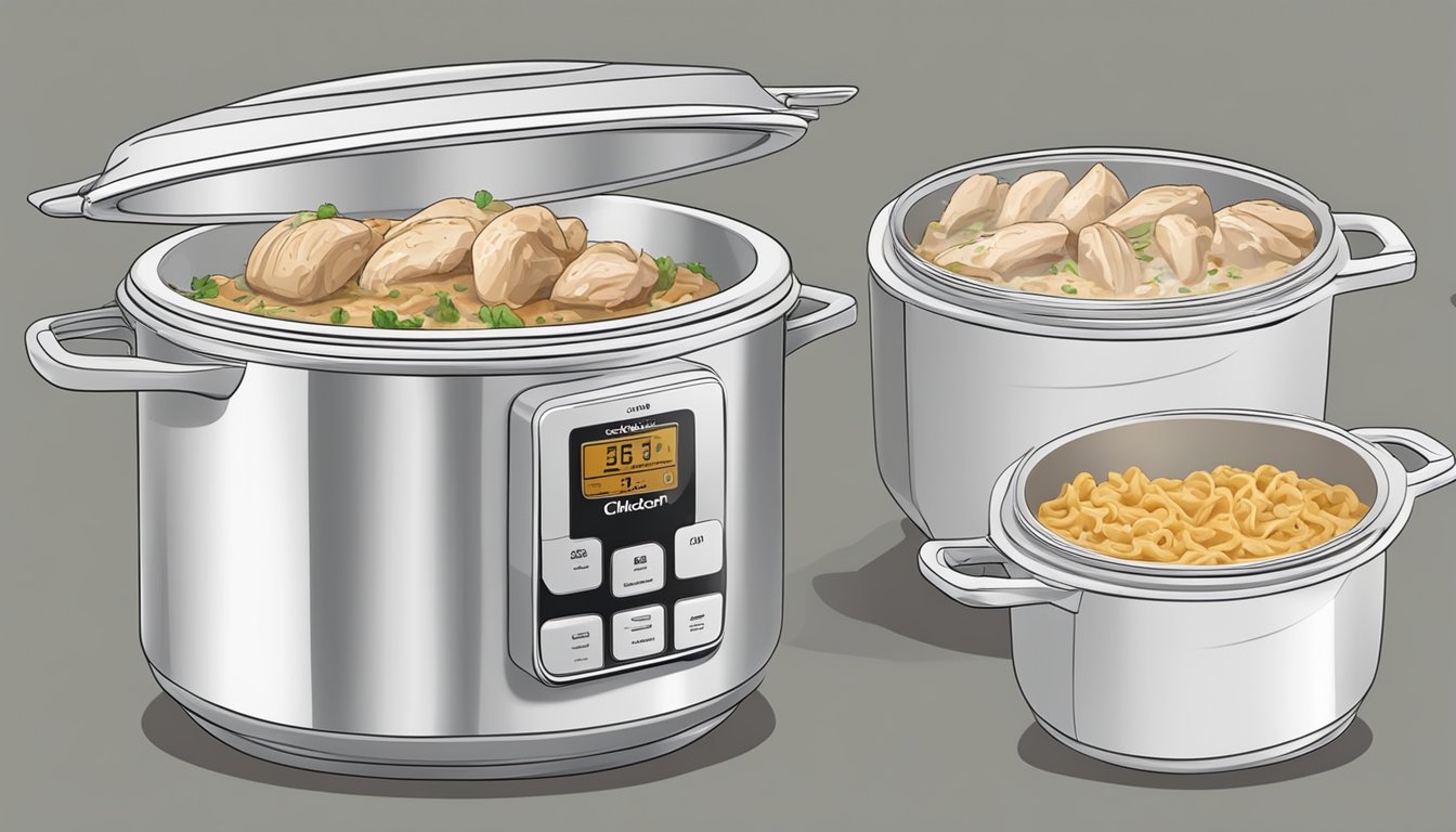 A pot of chicken stroganoff being transferred into airtight containers for storage, with a separate image of the reheating process in a microwave