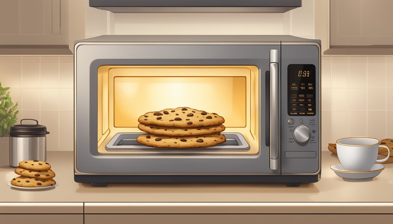 A microwave with a plate of chocolate chip cookies inside, the warm glow of the appliance highlighting the golden brown edges of the cookies