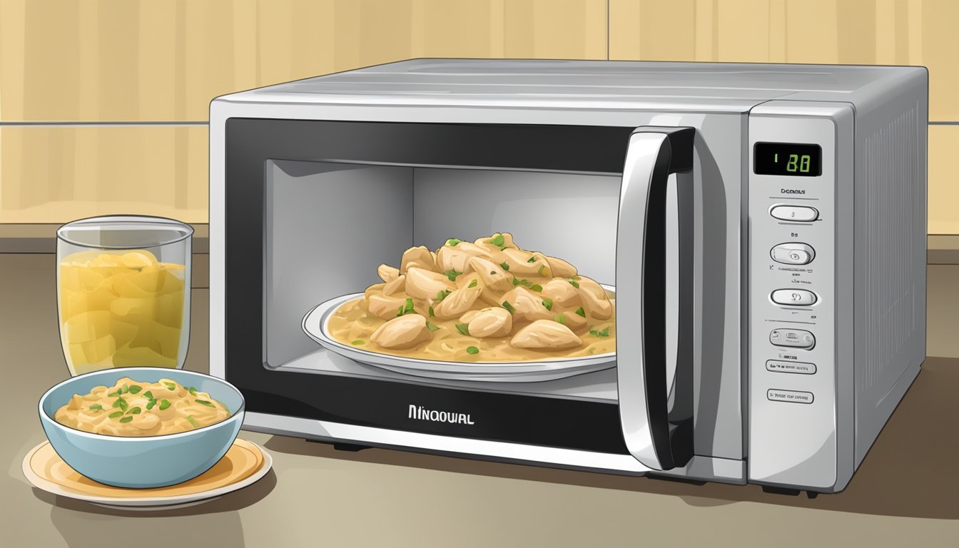 A microwave with a bowl of chicken stroganoff inside, the timer counting down