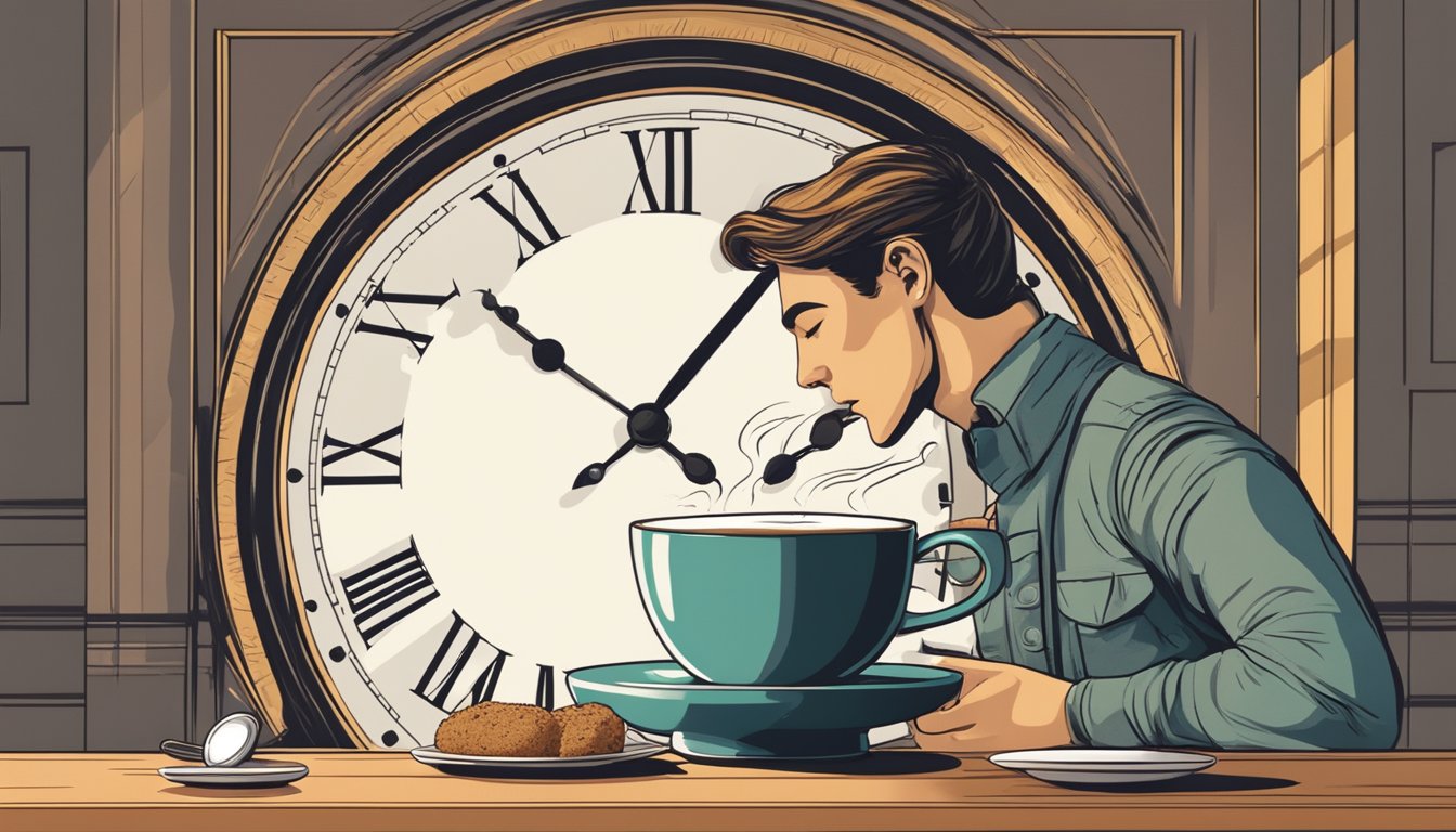 A person sipping a steaming cup of coffee with sugar, surrounded by a clock indicating the fasting window