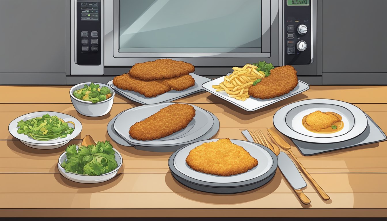 A plate with various types of schnitzel, alongside a microwave and oven for reheating