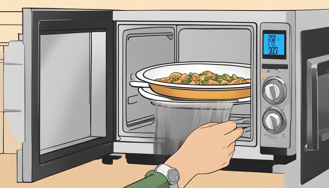 A person placing a container of chicken stroganoff into a microwave, setting the timer, and then removing the steaming dish with caution