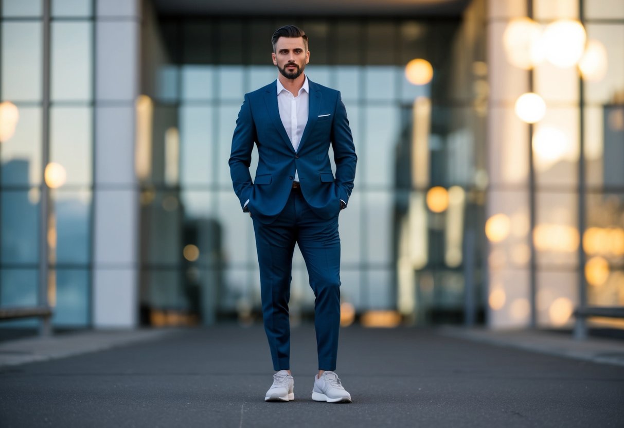 A man in a tailored suit stands with his hands in his pockets, wearing a pair of clean, modern trainers. He exudes confidence and style