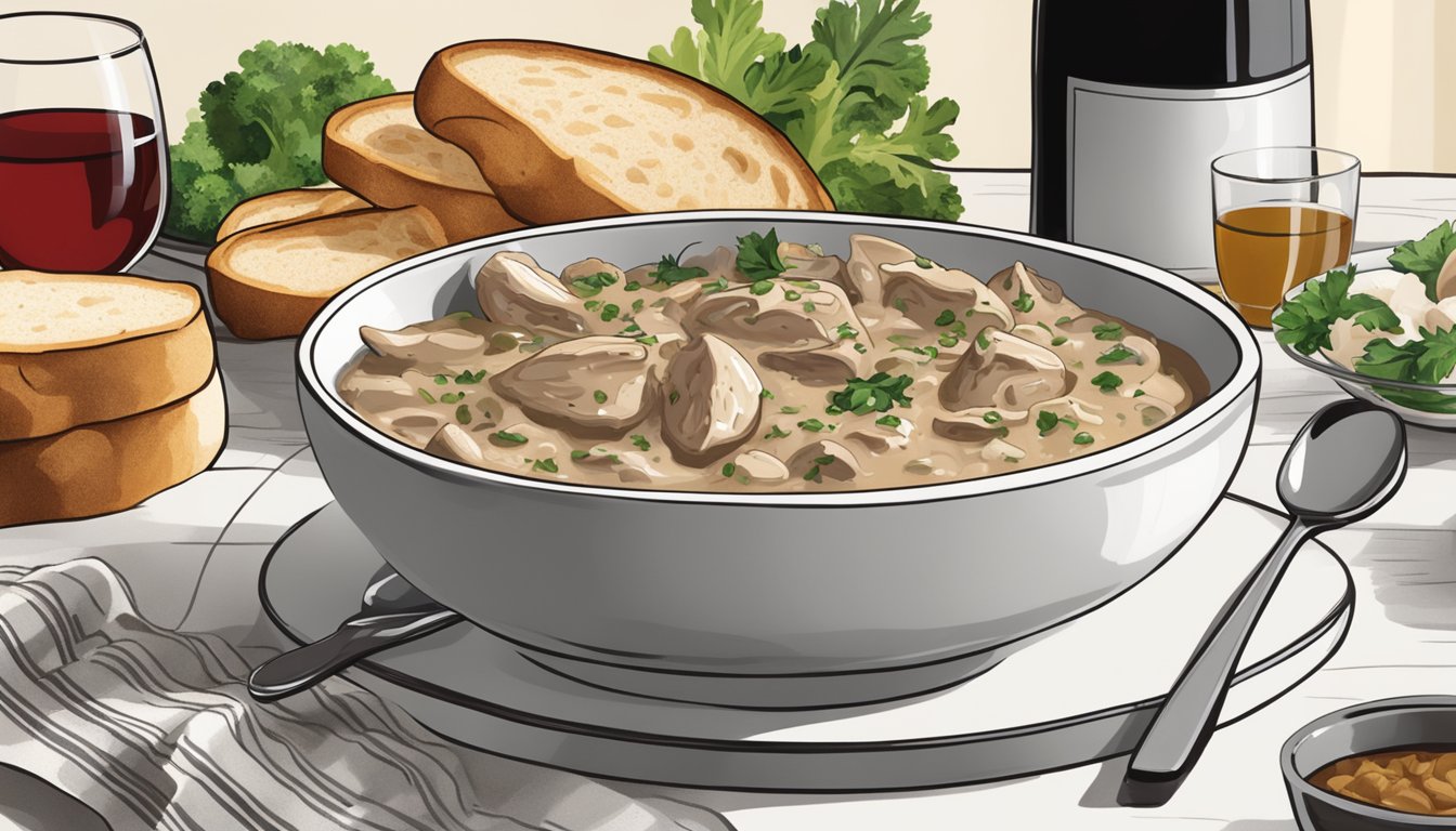 A steaming bowl of chicken stroganoff sits next to a side of warm, crusty bread and a glass of red wine