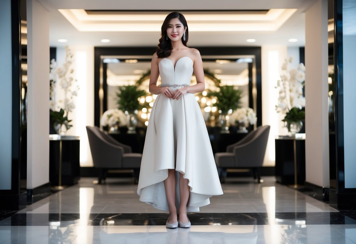 A woman in an elegant evening gown stands with her feet in a pair of flat shoes, surrounded by a glamorous and upscale setting