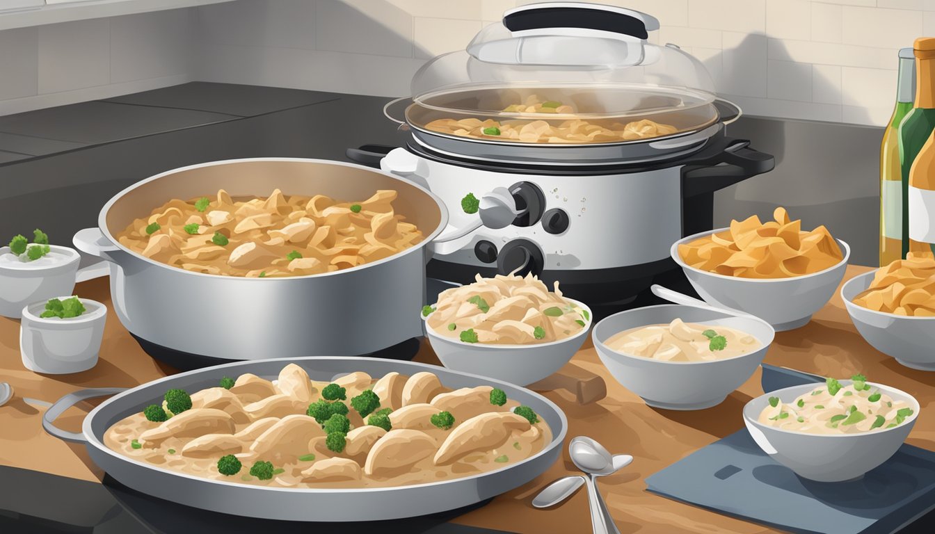 A steaming bowl of chicken stroganoff sits on a stovetop, surrounded by various reheating methods like microwave, oven, and stovetop