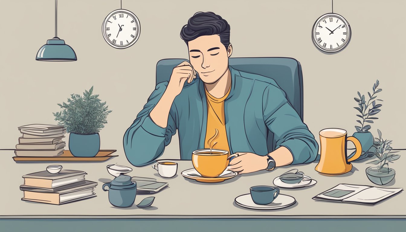 A person sitting at a table with a cup of herbal tea and a clock showing the time indicating intermittent fasting