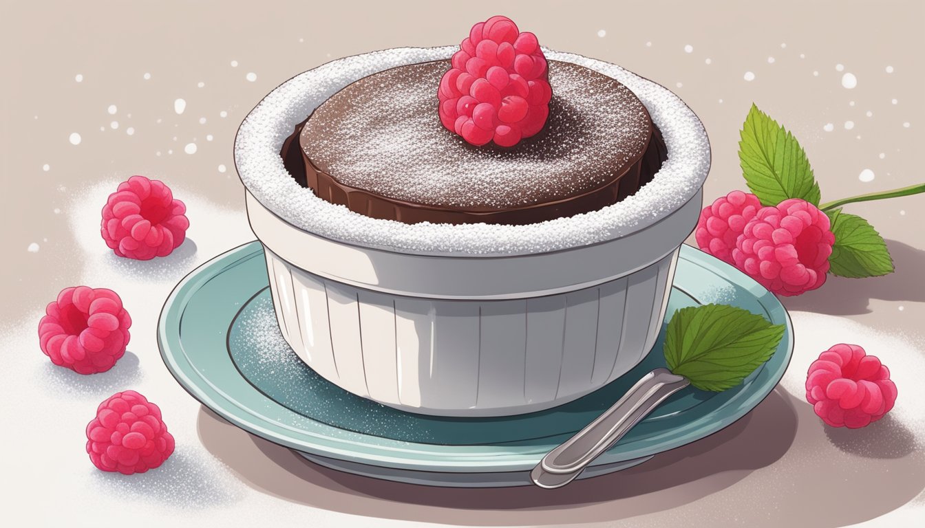 A chocolate soufflé sits in a ramekin on a white plate, surrounded by a dusting of powdered sugar and a few fresh raspberries