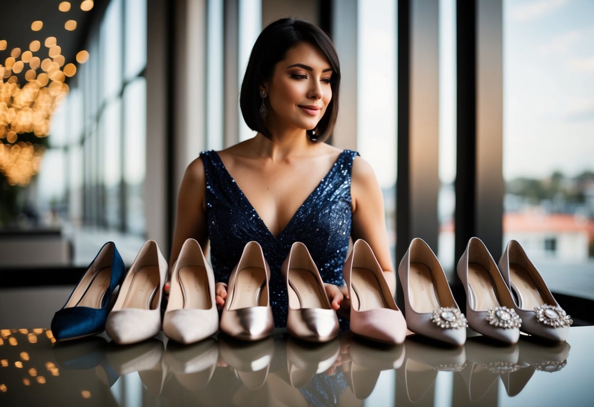 A woman stands in front of a row of elegant flat shoes, holding a glamorous evening gown. She is contemplating which pair to choose for the occasion
