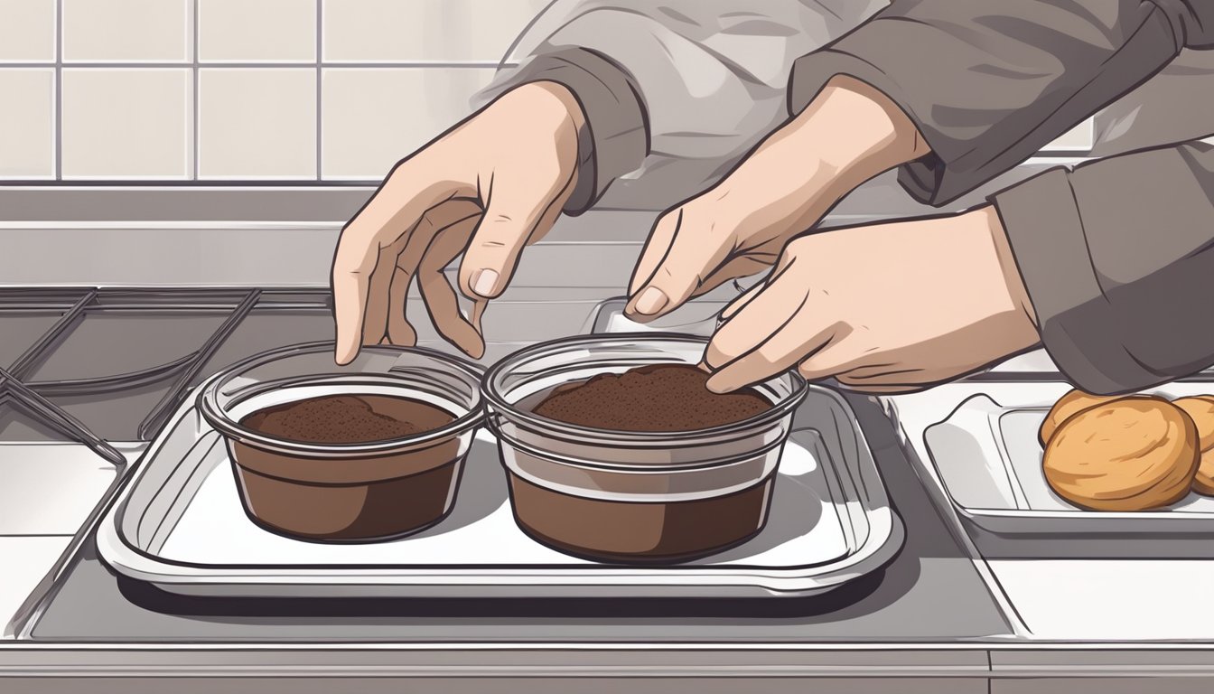 A chocolate soufflé sits in a ramekin on a baking tray. A hand reaches for the oven door, ready to place the soufflé inside for reheating