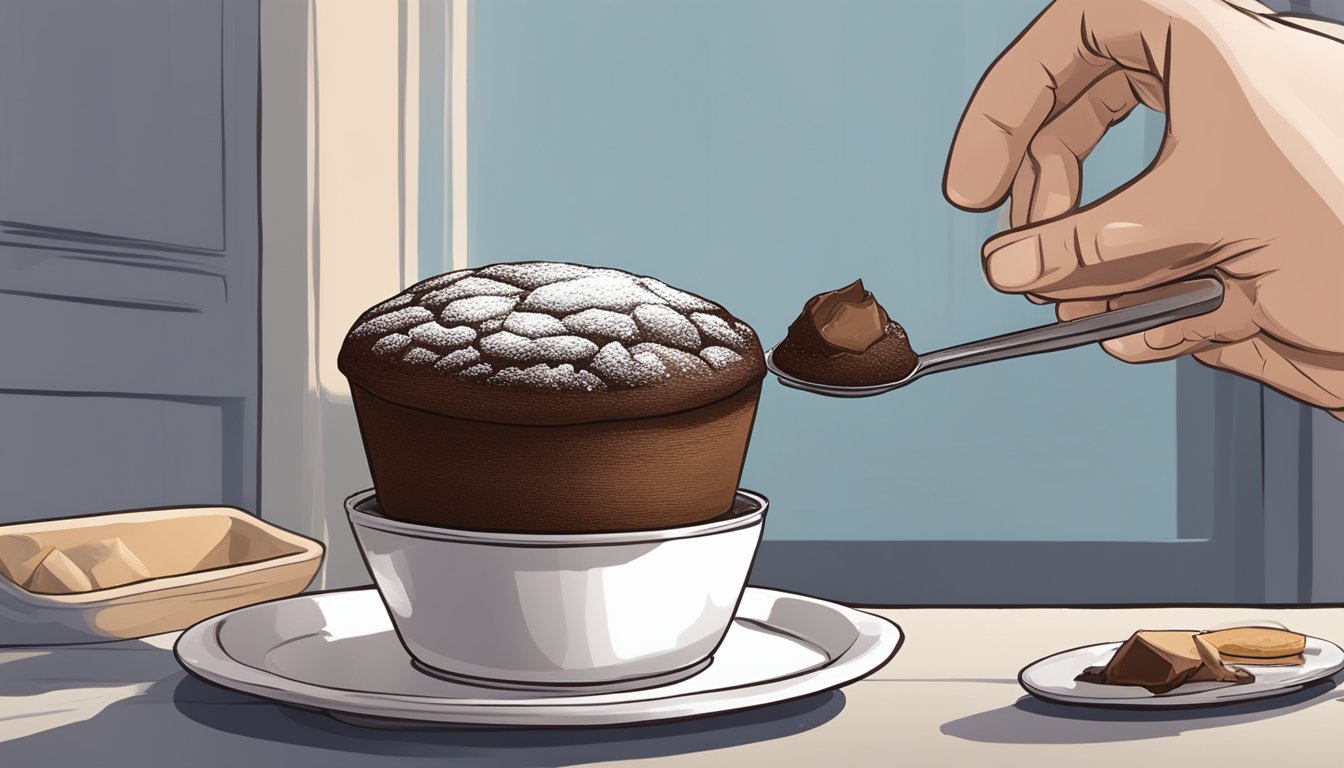 A chocolate soufflé being carefully removed from the oven and placed on a serving plate