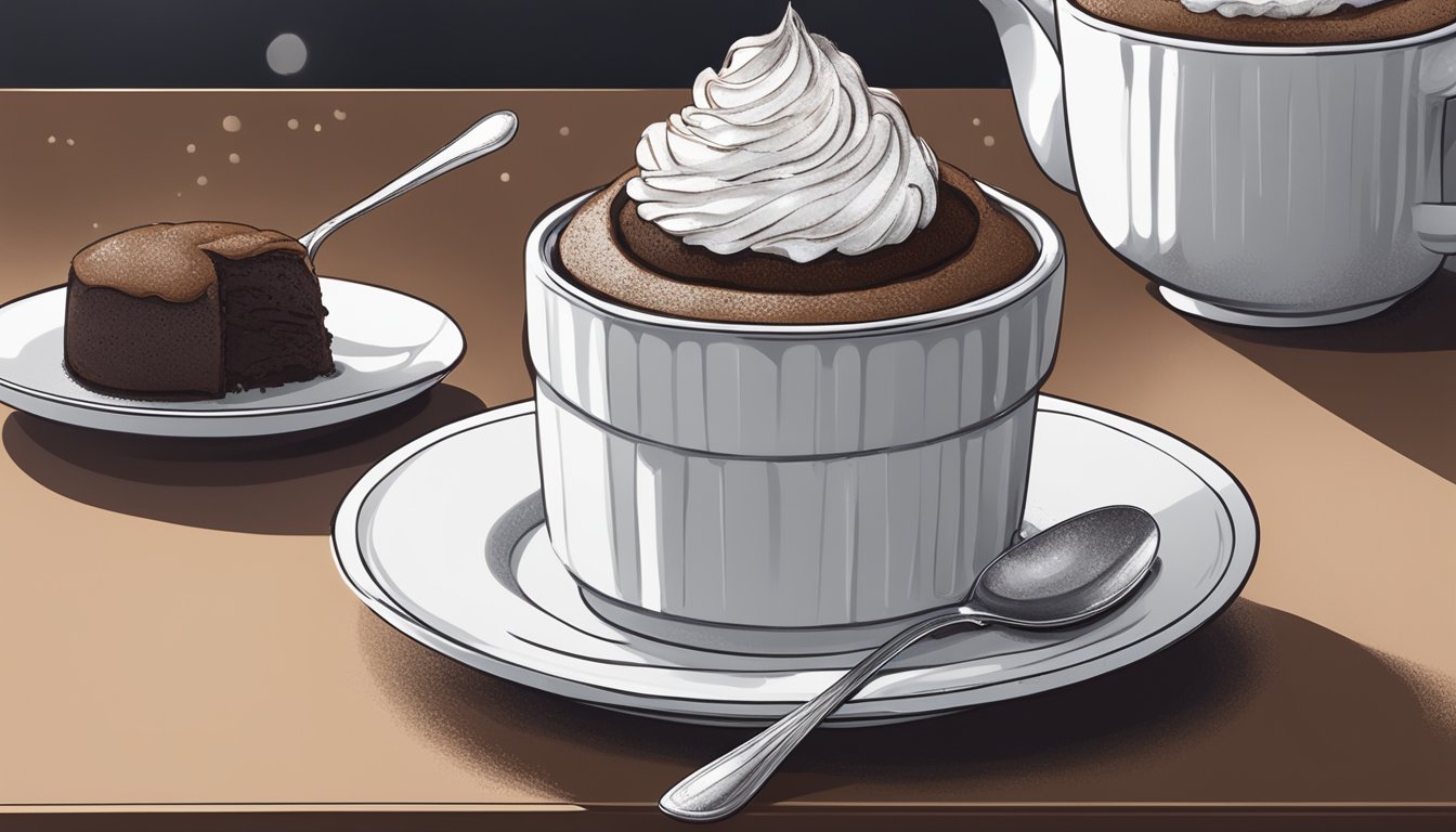 A steaming chocolate soufflé sits on a white plate, surrounded by a dusting of powdered sugar and a dollop of whipped cream on top