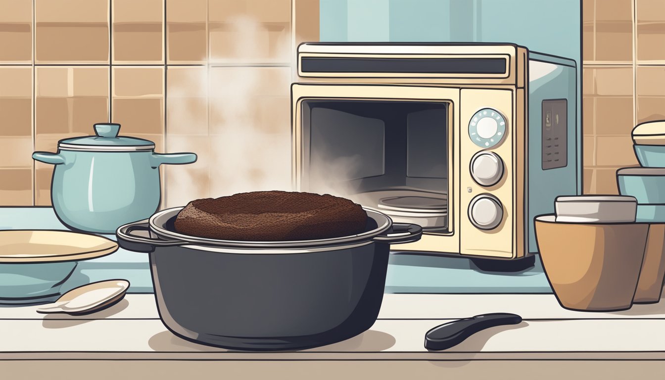 A chef uses a microwave to reheat a chocolate soufflé in a ramekin