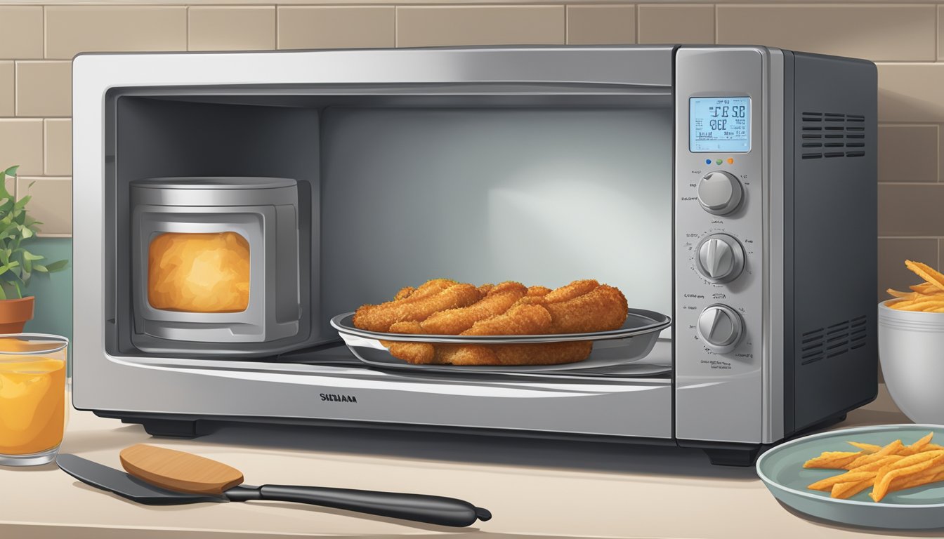 A microwave with a plate of chicken strips inside, a toaster oven, and a stovetop skillet with a spatula