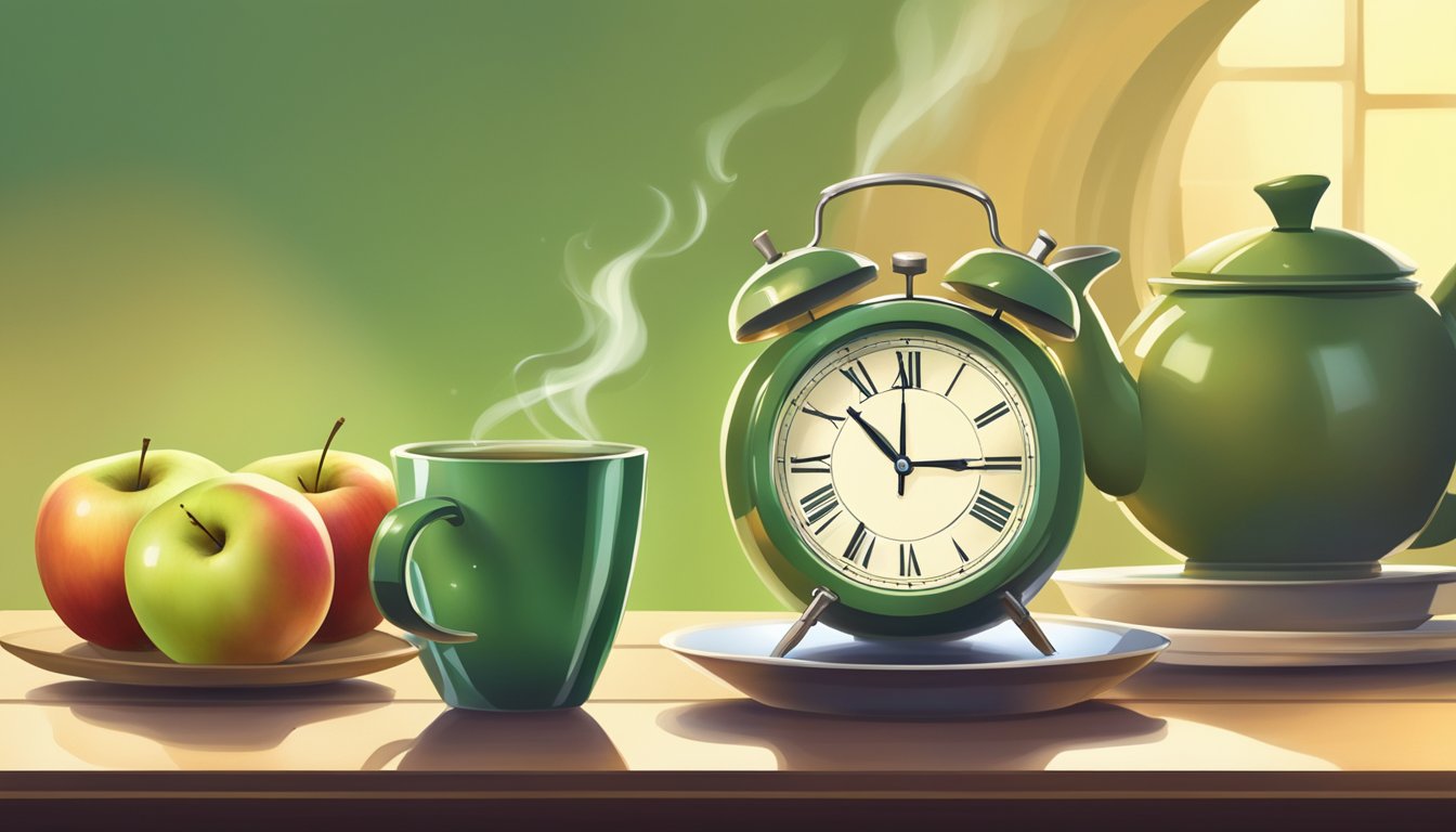 A steaming cup of green tea sits beside a ticking clock and a half-eaten apple, casting a warm glow on the table