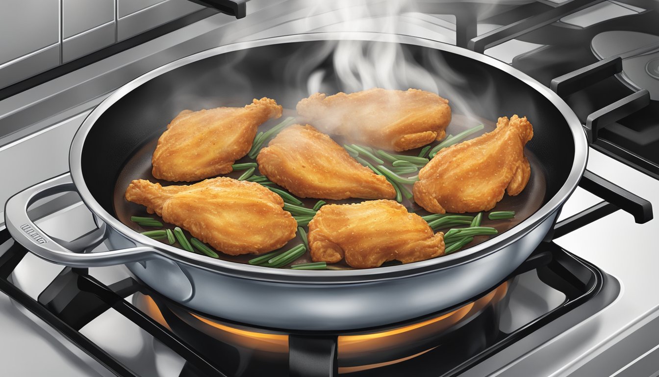 A stovetop with a skillet containing chicken tenders being reheated, steam rising from the skillet