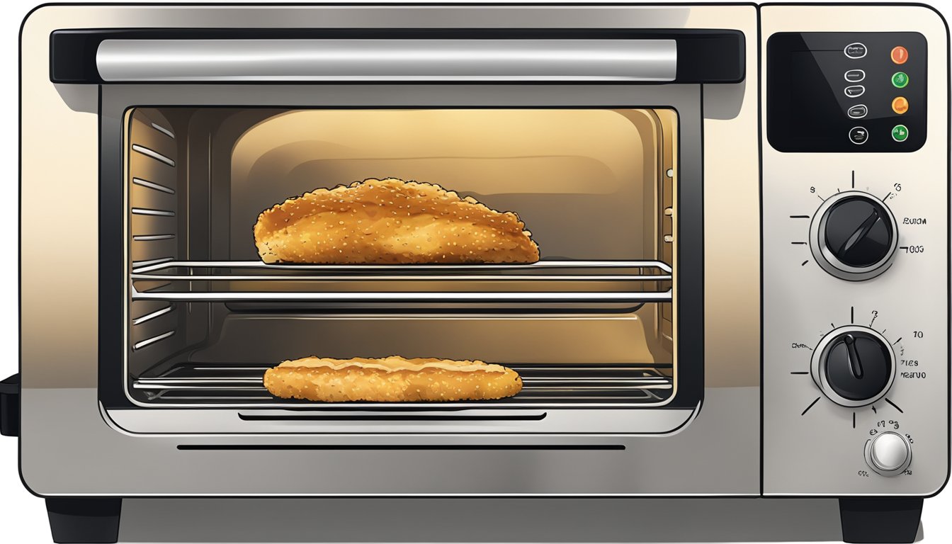 A toaster oven with chicken tenders placed on a baking sheet, set to the reheat option, with steam rising from the golden-brown tenders